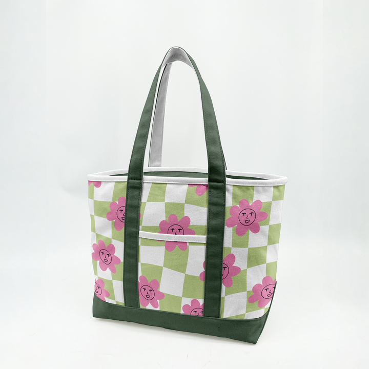 Retro Smiley Flower Canvas Tote Bag ¨C Playful Checkerboard Carryall