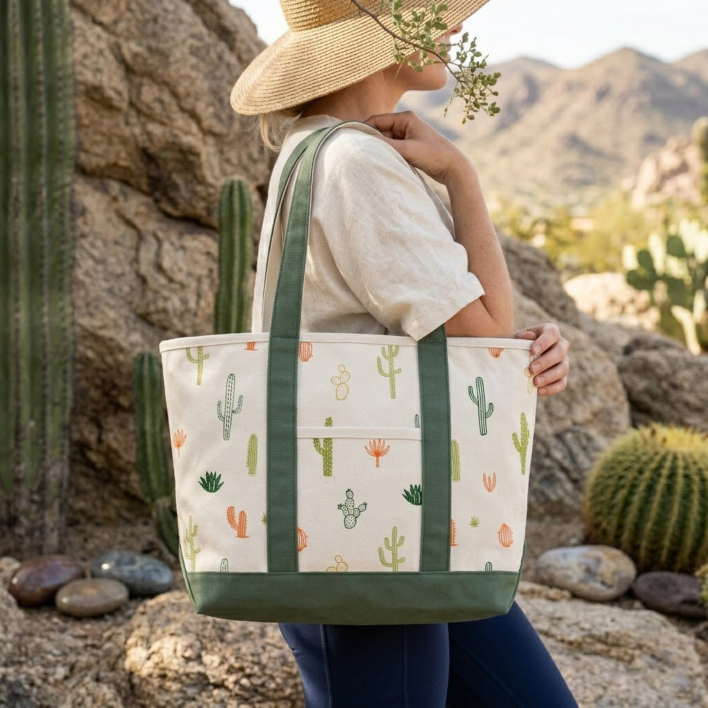 Desert Cactus Pattern Canvas Tote Bag ¨C Southwestern Graphic Carryall