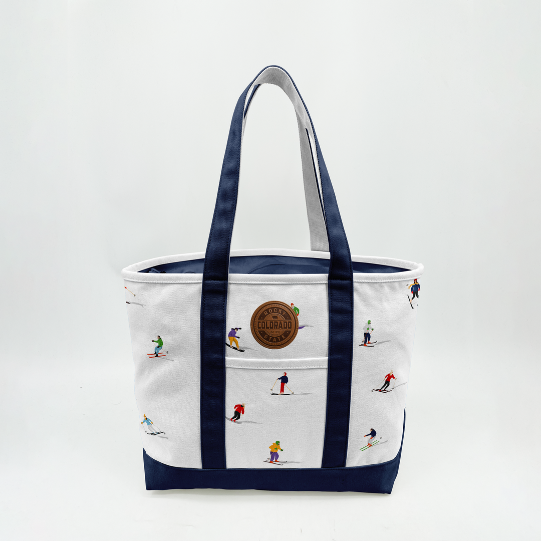 Colorado Aspen Canvas Printed Tote Bag with Skier Pattern for Winter Travel