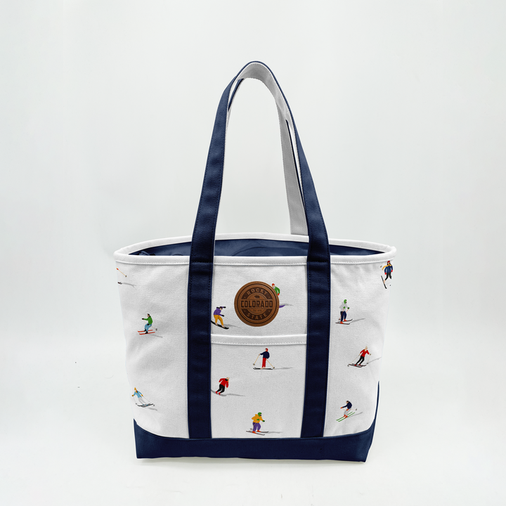 Colorado Aspen Canvas Printed Tote Bag with Skier Pattern for Winter Travel