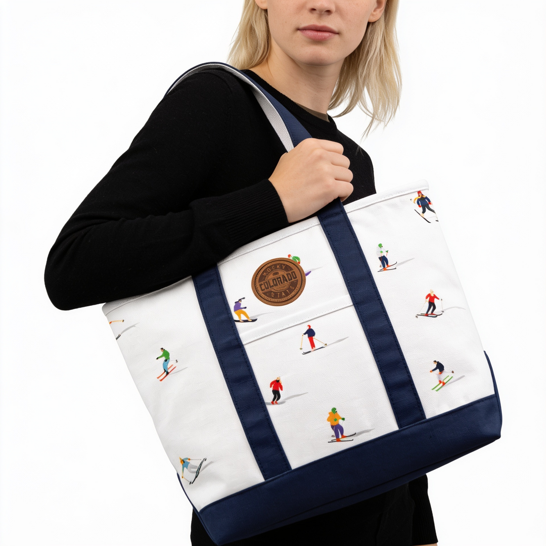 Colorado Aspen Canvas Printed Tote Bag with Skier Pattern for Winter Travel