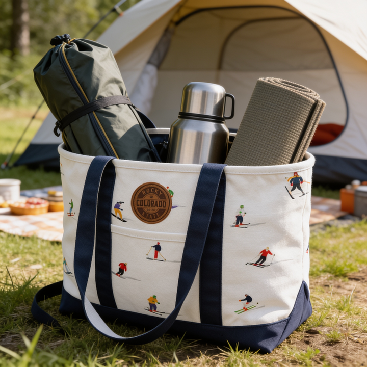 Colorado Aspen Canvas Printed Tote Bag with Skier Pattern for Winter Travel