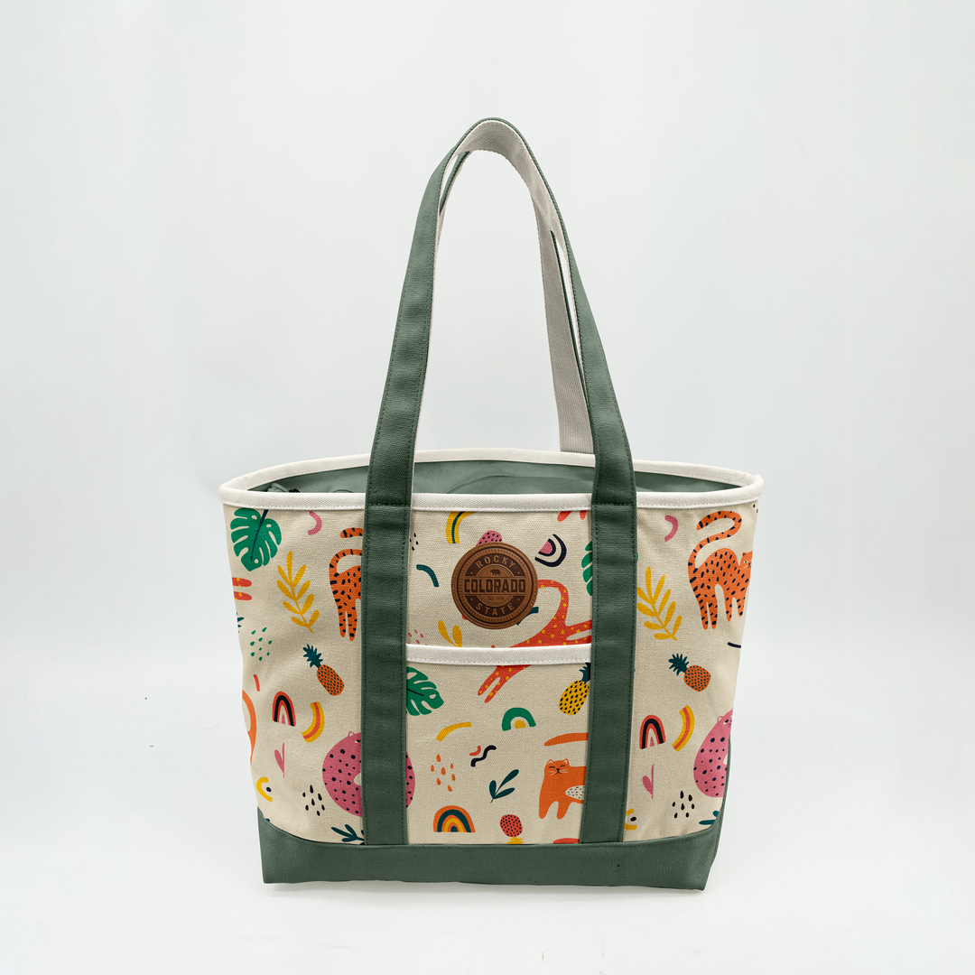 Colorado Patch Canvas Printed Tote Bag with Tropical Leopard Pattern for Vacations