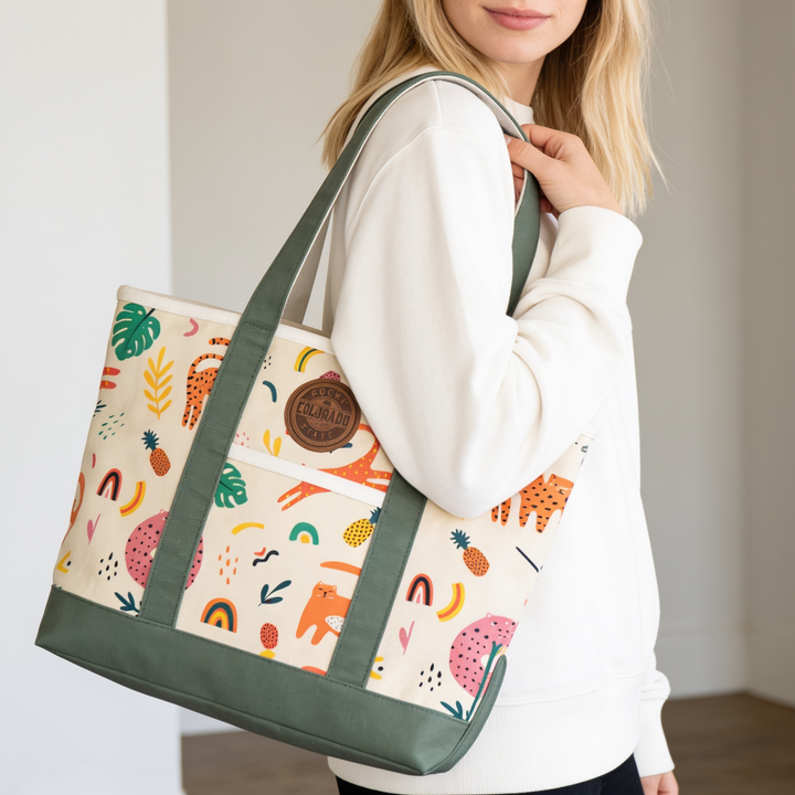 Colorado Patch Canvas Printed Tote Bag with Tropical Leopard Pattern for Vacations