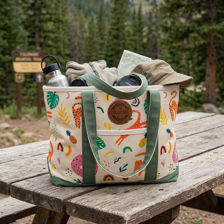 Colorado Patch Canvas Printed Tote Bag with Tropical Leopard Pattern for Vacations