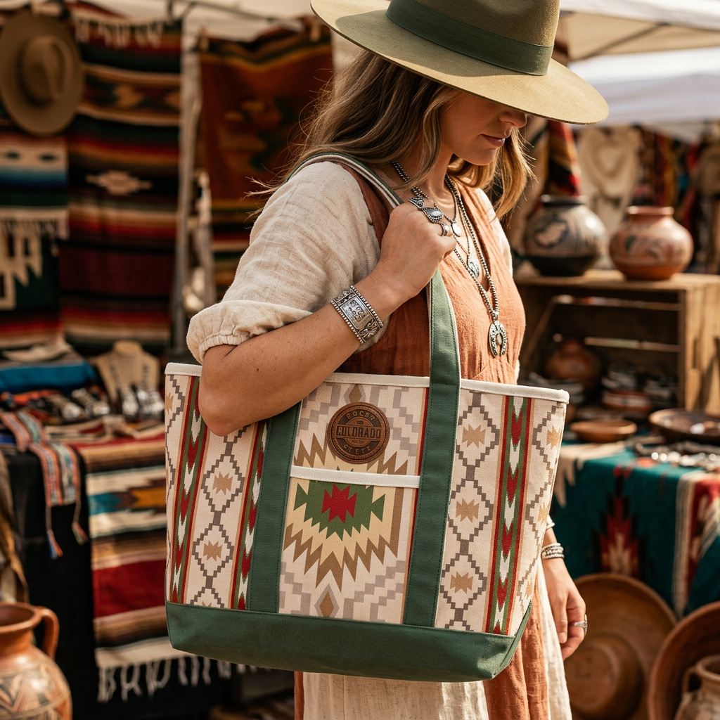 Colorado Patch Canvas Printed Tote Bag with Southwestern Geometric Pattern for Travel