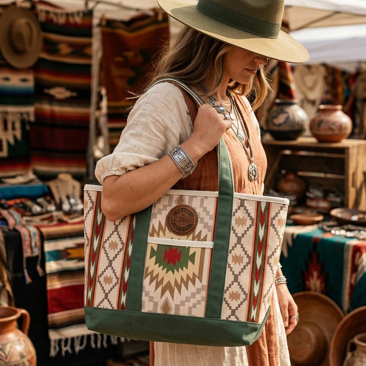 Colorado Patch Canvas Printed Tote Bag with Southwestern Geometric Pattern for Travel