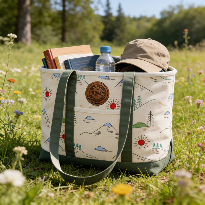 Colorado Patch Canvas Printed Tote Bag with Mountain Forest Pattern for Hiking