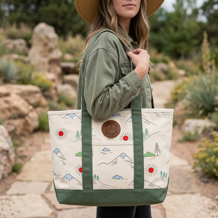 Colorado Patch Canvas Printed Tote Bag with Mountain Forest Pattern for Hiking
