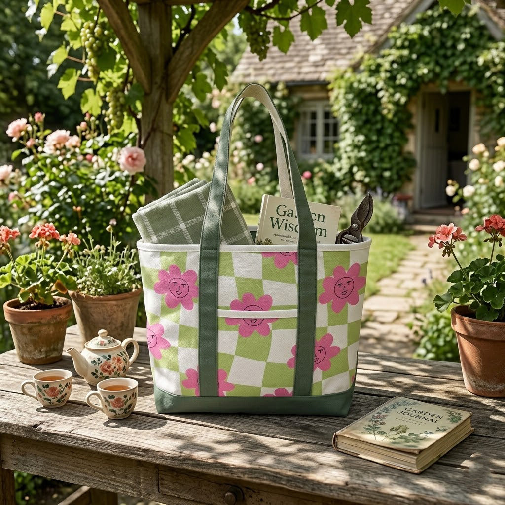Retro Smiley Flower Canvas Tote Bag ¨C Playful Checkerboard Carryall