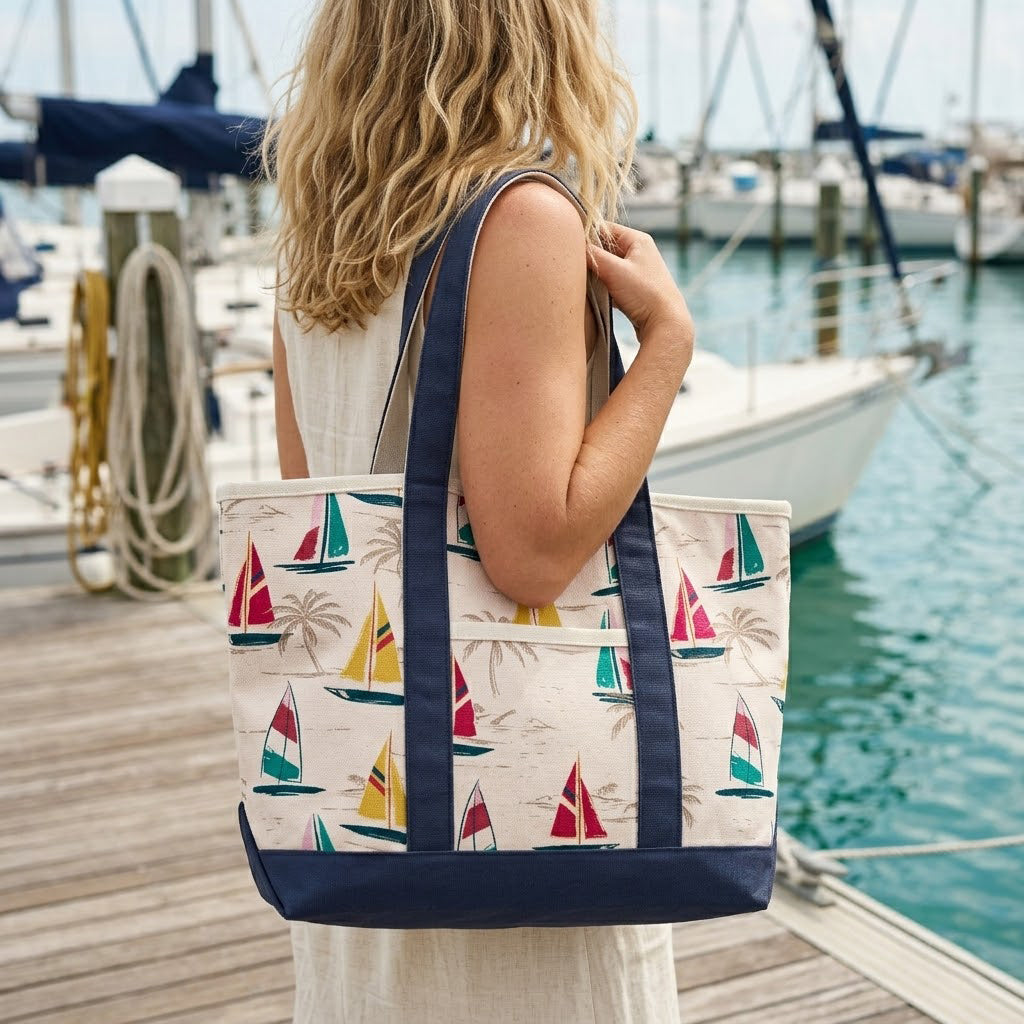 Coastal Sailboat Canvas Tote Bag – Nautical Vacation Graphic Carryall
