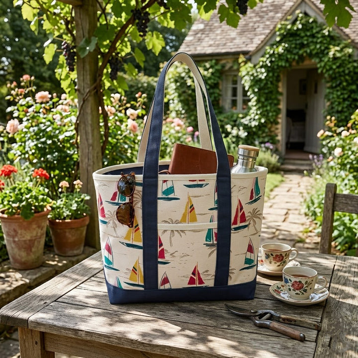 Coastal Sailboat Canvas Tote Bag – Nautical Vacation Graphic Carryall
