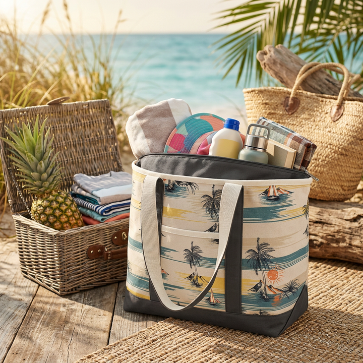 Tropical Island Escape Canvas Tote Bag – Coastal Palm Tree Travel Carryall