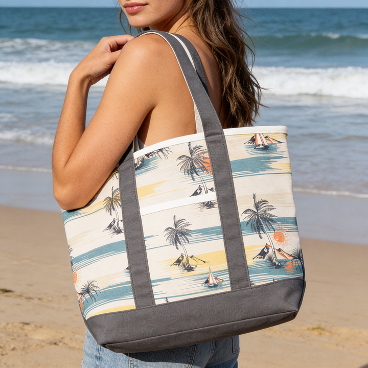 Tropical Island Escape Canvas Tote Bag – Coastal Palm Tree Travel Carryall