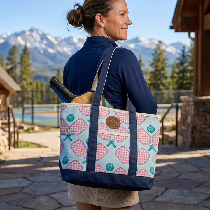 Colorado Patch Canvas Printed Tote Bag with Pickleball Pattern for Sport Travel
