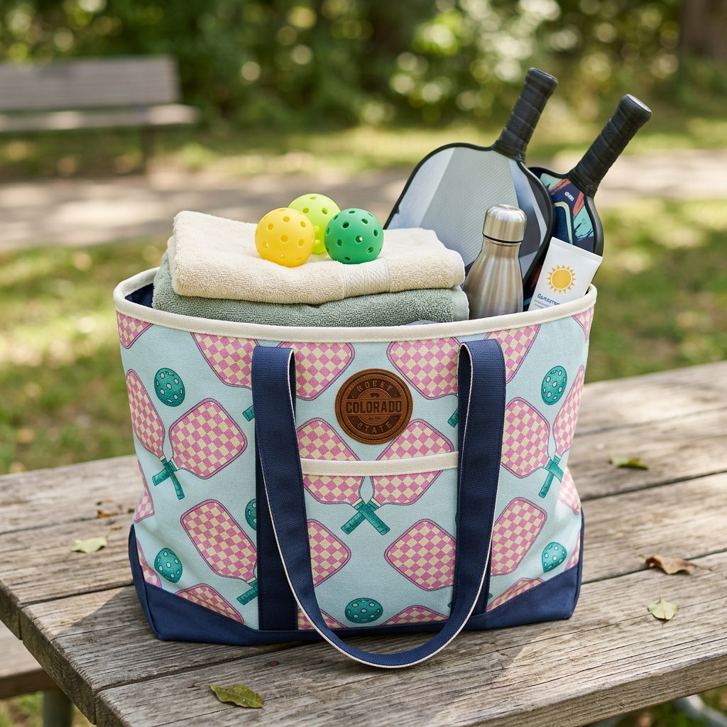 Colorado Patch Canvas Printed Tote Bag with Pickleball Pattern for Sport Travel