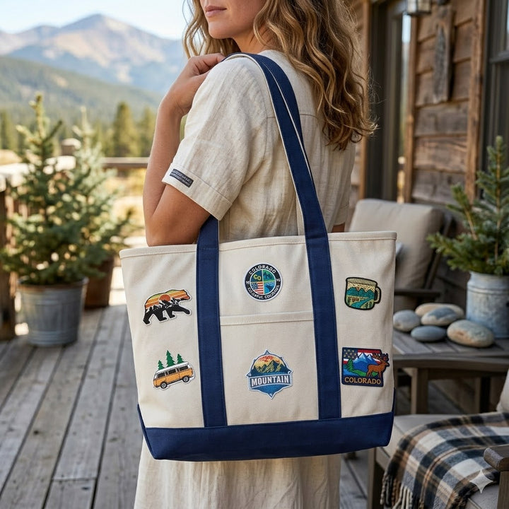 Colorado Adventure Patch Canvas Tote Bag – Mountain Travel Graphic Carryall