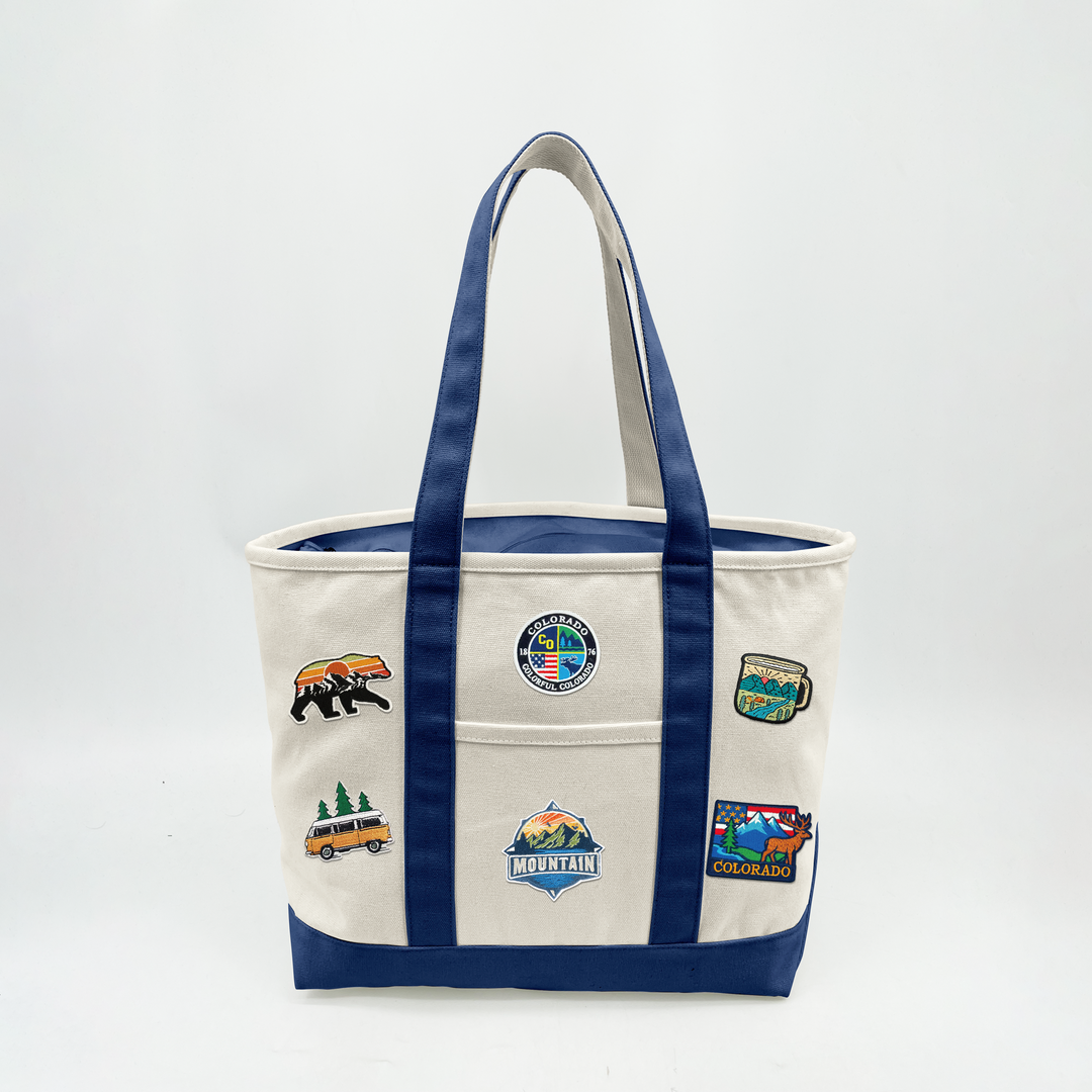 Colorado Adventure Patch Canvas Tote Bag – Mountain Travel Graphic Carryall