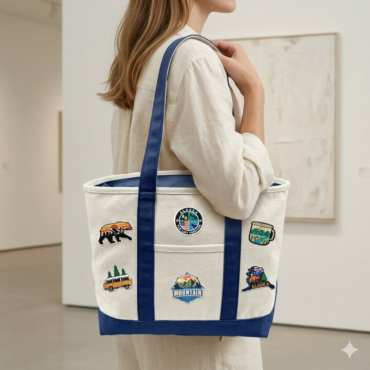 Alaska Adventure Patch Canvas Tote Bag – Outdoor Travel Graphic Carryall