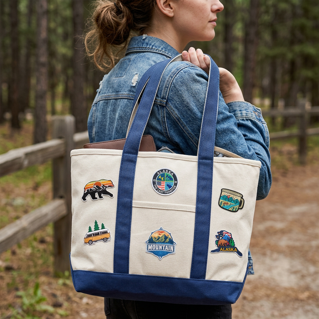 Alaska Adventure Patch Canvas Tote Bag – Outdoor Travel Graphic Carryall