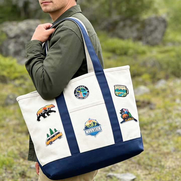 Alaska Adventure Patch Canvas Tote Bag – Outdoor Travel Graphic Carryall