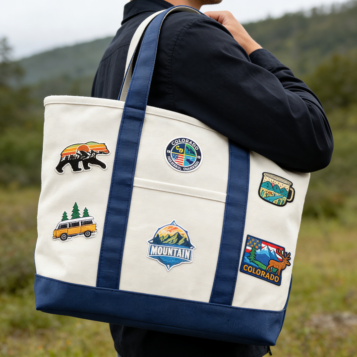 Colorado Adventure Patch Canvas Tote Bag – Mountain Travel Graphic Carryall