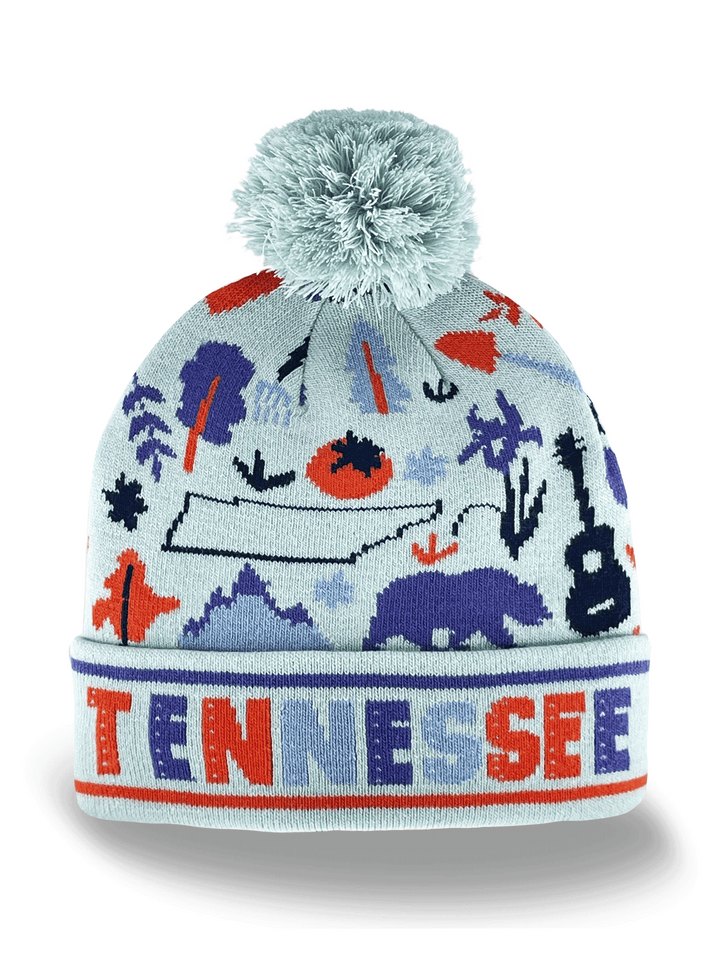 Tennessee State Knit Beanie Hat with Pom Pom, Guitar, Bear, Mountains, and Nature Icons