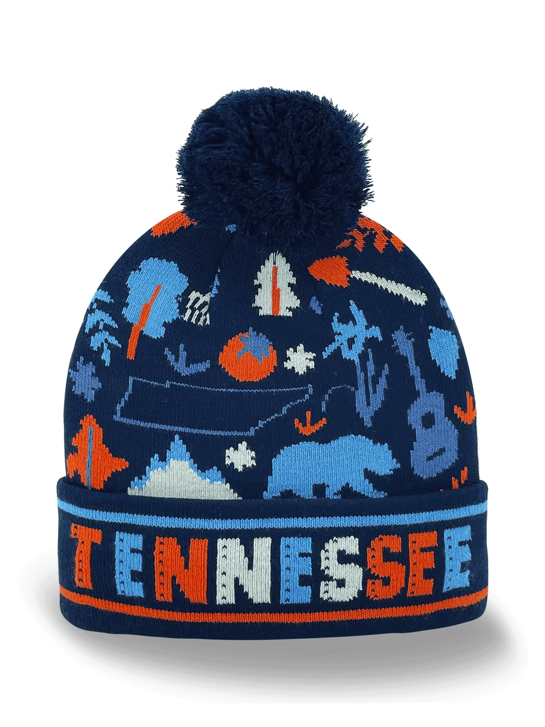 Tennessee State Knit Beanie Hat with Pom Pom, Guitar, Bear, Mountains, and Nature Icons