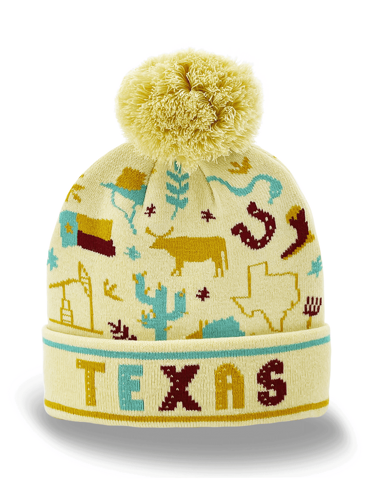 Texas Knit Beanie Hat with Cowboy Cactus Map Icons Winter Pom Pom Cap