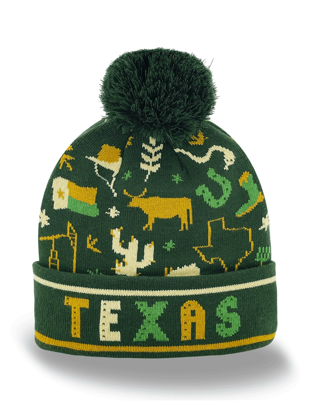 Texas Knit Beanie Hat with Cowboy Cactus Map Icons Winter Pom Pom Cap
