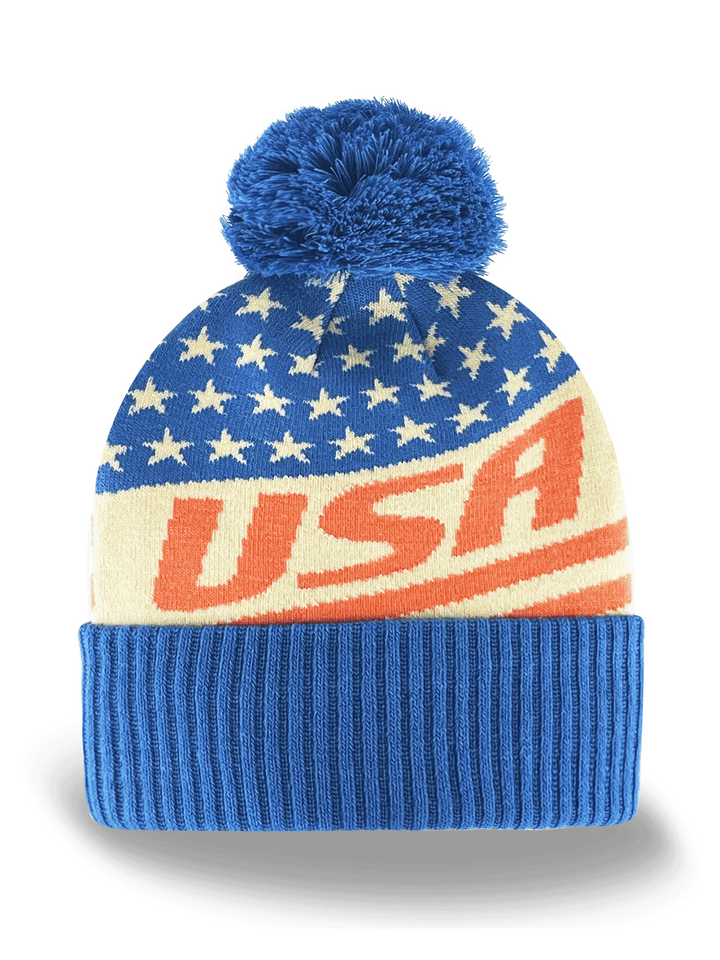 USA Stars Stripes Knit Beanie Hat with Pom, American Flag Winter Cap