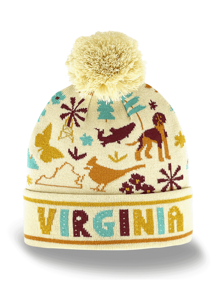 Virginia Knit Beanie Hat with Dog Bird Tree Nature Pattern Winter Pom Pom Cap