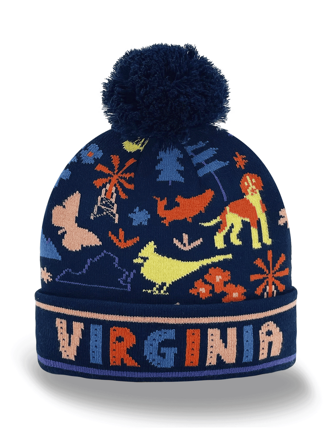 Virginia Knit Beanie Hat with Dog Bird Tree Nature Pattern Winter Pom Pom Cap