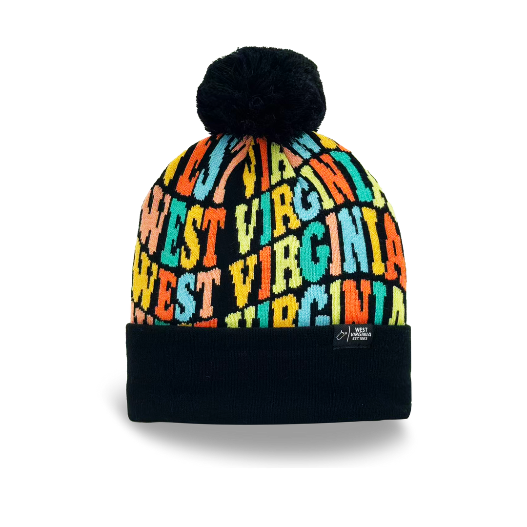 West Virginia Colorful Letter Knit Beanie – Retro Pom Pom Winter Hat with Bold Typography