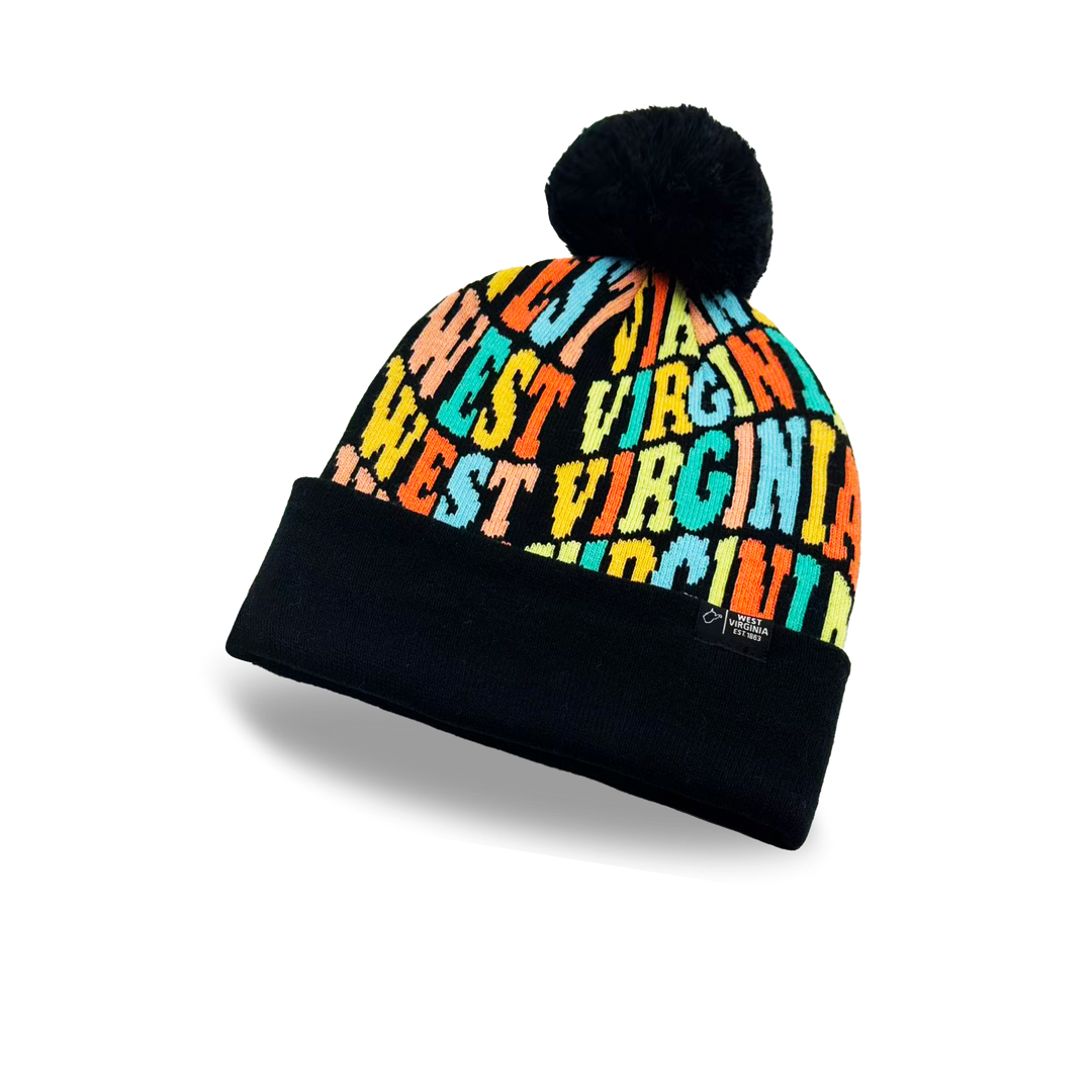 West Virginia Colorful Letter Knit Beanie – Retro Pom Pom Winter Hat with Bold Typography