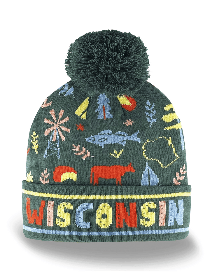 Wisconsin State Knit Beanie Winter Hat with Pom Pom for Men Women Outdoor Travel