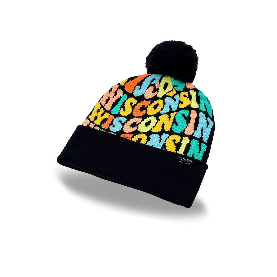 Wisconsin Colorful Letter Beanie Winter Knit Hat with Pom Pom for Cold Weather