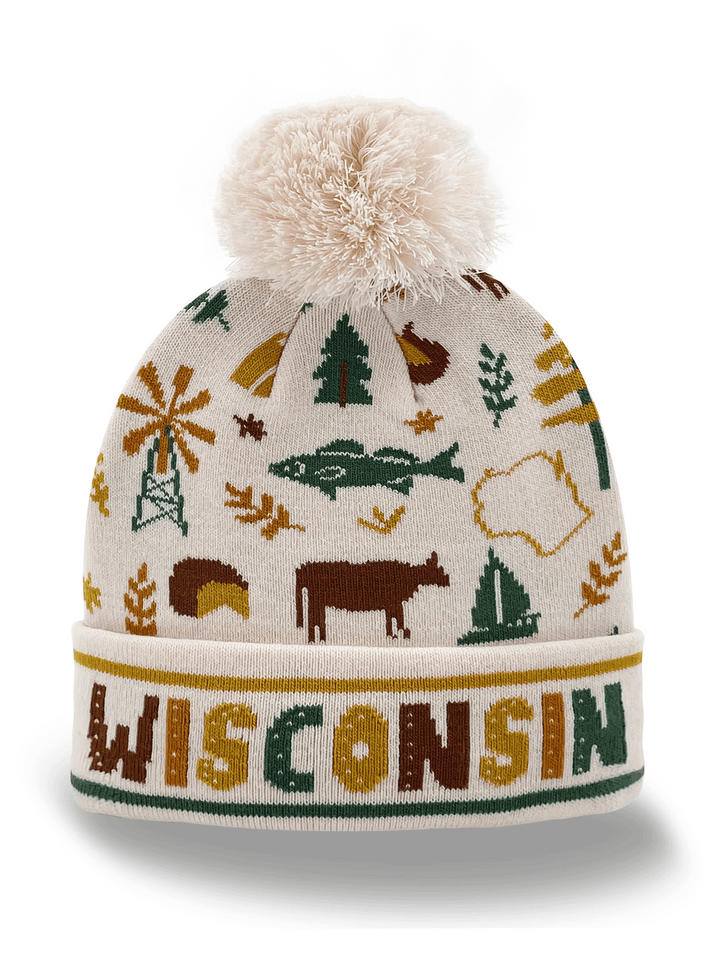 Wisconsin State Knit Beanie Winter Hat with Pom Pom for Men Women Outdoor Travel