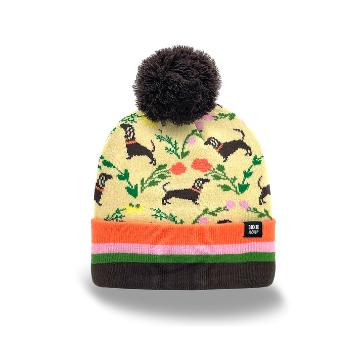 Warm Dachshund Dog Knit Beanie with Pom Pom Floral Pattern Winter Accessory Hat
