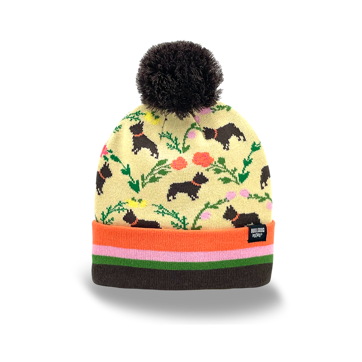 Warm Bulldog Dog Knit Beanie with Pom Pom Floral Pattern Winter Fashion Hat