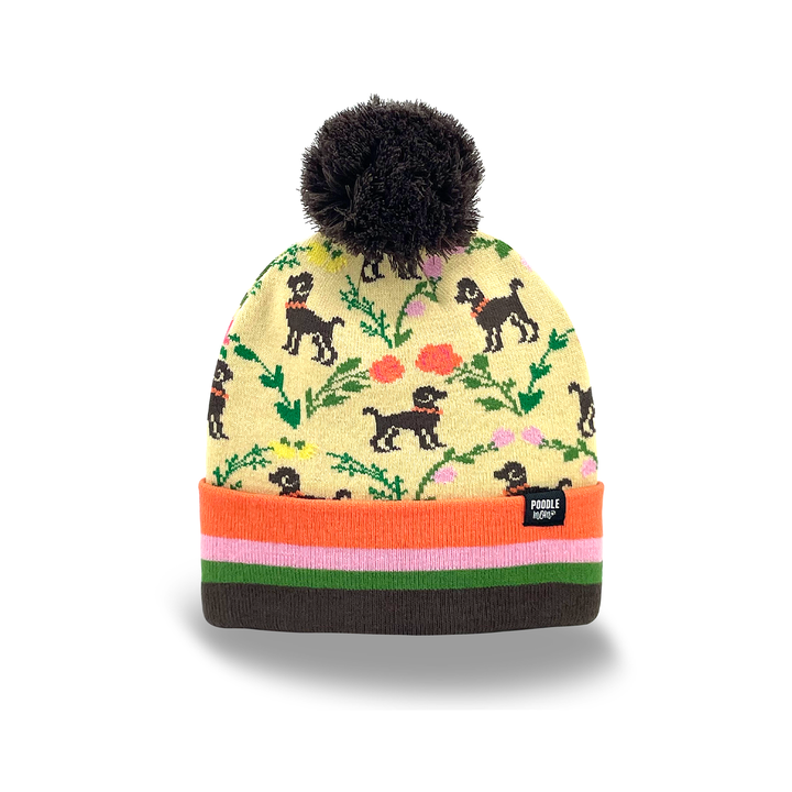 Cute Poodle Dog Knit Beanie with Colorful Floral Pattern Pom Pom Winter Hat