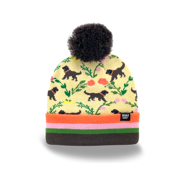 Floral Dog Print Knit Beanie with Pom Pom, Outdoor Casual Winter Hat