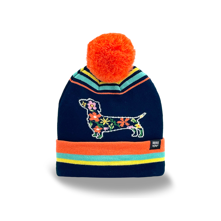 Cute Dachshund Dog Floral Knit Beanie with Pom Pom, Cozy Unisex Winter Hat
