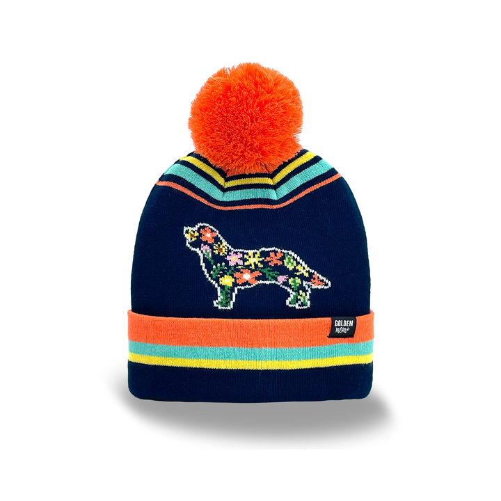 Cute Golden Retriever Dog Floral Knit Beanie with Pom Pom, Cozy Unisex Winter Hat