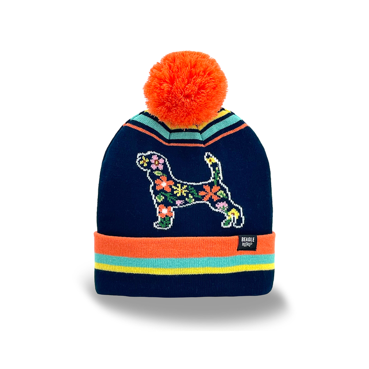 Colorful Beagle Dog Floral Knit Beanie with Pom Pom, Fashion Winter Cap