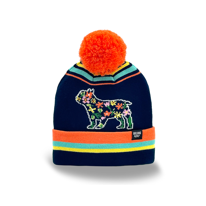 Bulldog Dog Floral Pom Pom Knit Beanie, Outdoor Warm Winter Hat for Pet Lovers