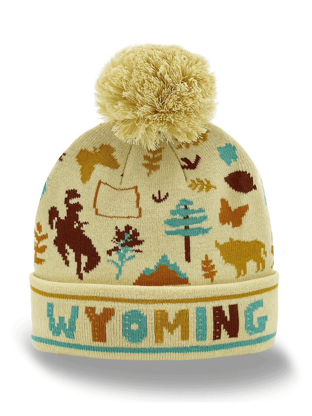 Wyoming Knit Beanie Hat with Cowboy Wildlife Mountain Pattern Winter Pom Pom Cap （15词）