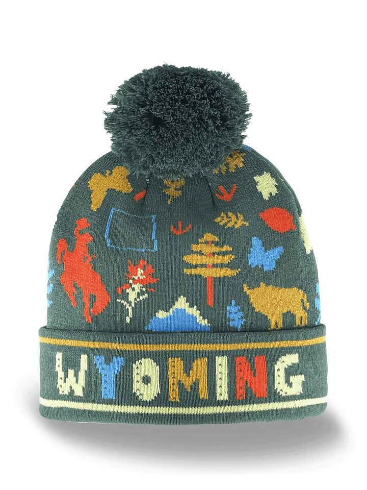 Wyoming Knit Beanie Hat with Cowboy Wildlife Mountain Pattern Winter Pom Pom Cap （15词）