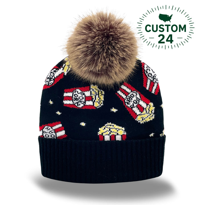 Popcorn Jacquard Pom Beanie | Family Matching Winter Knit Beanie with Faux Fur Pom