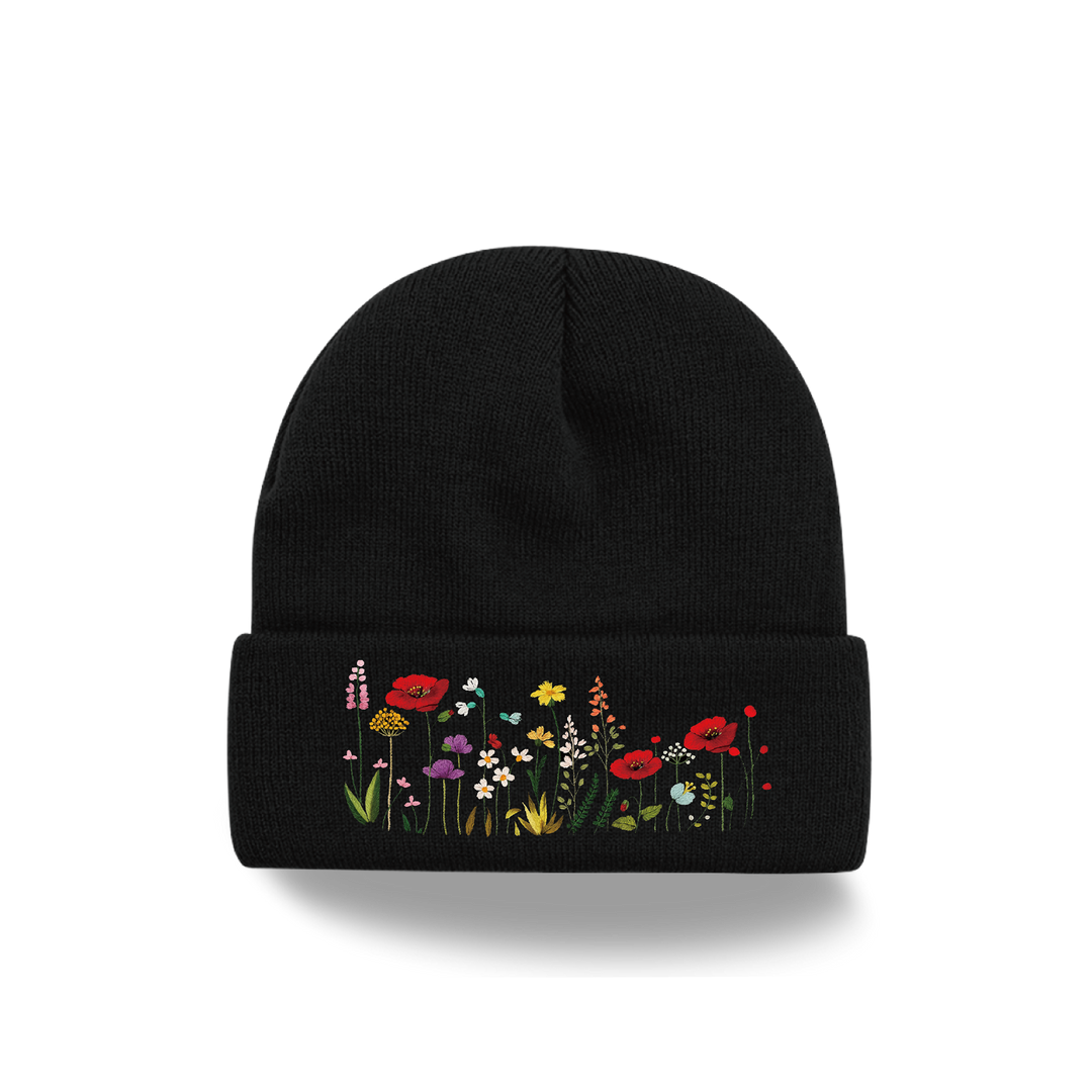 Wildflower Embroidered Black Beanie | Floral Garden Knit Hat